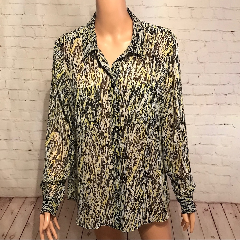 Liz Claiborne Black white neon yellow button down size large boho
